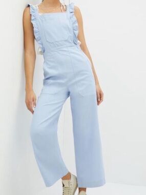 Anthropologie Maeve Blue Ruffle Strap Wide Leg Jumpsuit XL Overalls